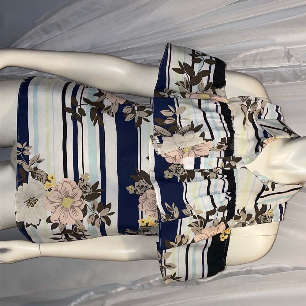 Guess Floral Striped Blouse - Blue, Black, White
